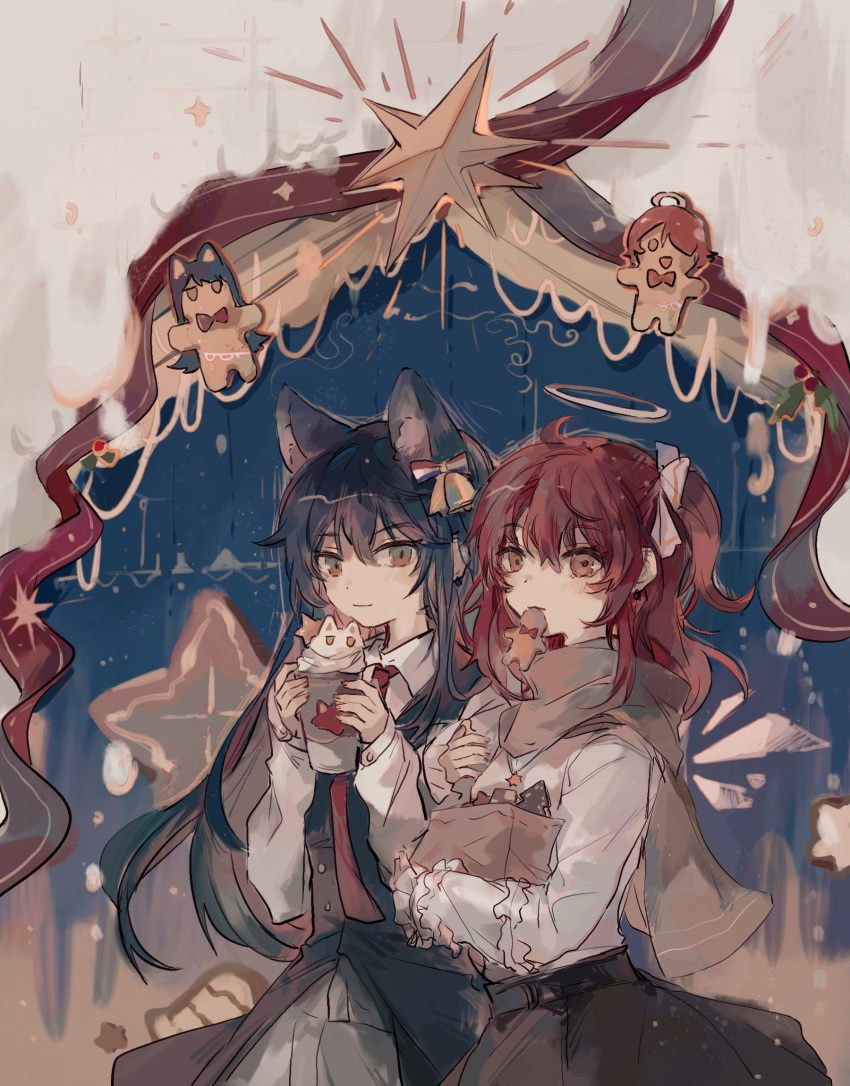 2girls animal_ear_fluff animal_ears apple_da-ze arknights black_hair black_skirt black_vest brown_eyes closed_mouth collared_shirt detached_wings exusiai_(arknights) food_in_mouth gingerbread_man hair_between_eyes halo highres holding long_hair long_sleeves looking_at_viewer mouth_hold multiple_girls necktie one_side_up puffy_long_sleeves puffy_sleeves red_hair red_necktie shirt skirt smile texas_(arknights) very_long_hair vest white_shirt white_wings wings