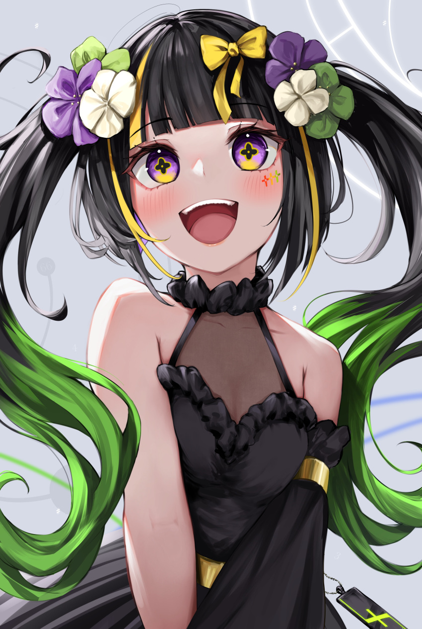 1girl absurdres bare_shoulders black_dress black_hair blonde_hair blush bow character_request collarbone dress grey_hair hair_bow highres kohe_billialot long_hair looking_at_viewer multicolored_eyes multicolored_hair open_mouth purple_eyes smile solo takt_op. teeth twintails upper_body upper_teeth_only yellow_bow yellow_eyes