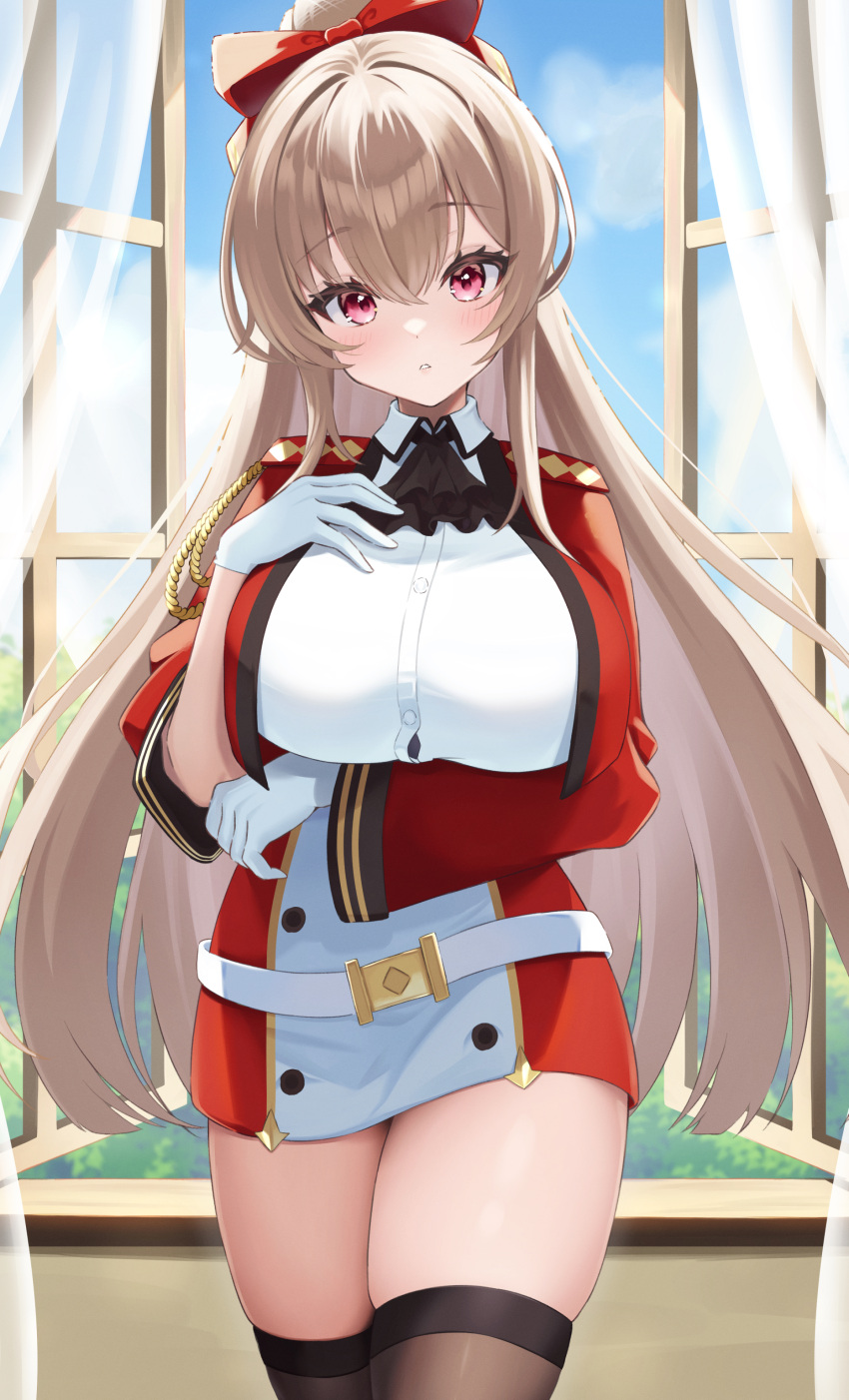 1girl absurdres azur_lane belt black_thighhighs blush bow breasts dress elegant_(sumisumi4268) gloves hair_bow hair_ornament highres large_breasts long_hair long_sleeves looking_at_viewer red_dress red_eyes red_ribbon ribbon royal_navy_emblem_(azur_lane) short_dress solo swiftsure_(azur_lane) thighhighs two-tone_dress white_belt white_dress white_gloves window