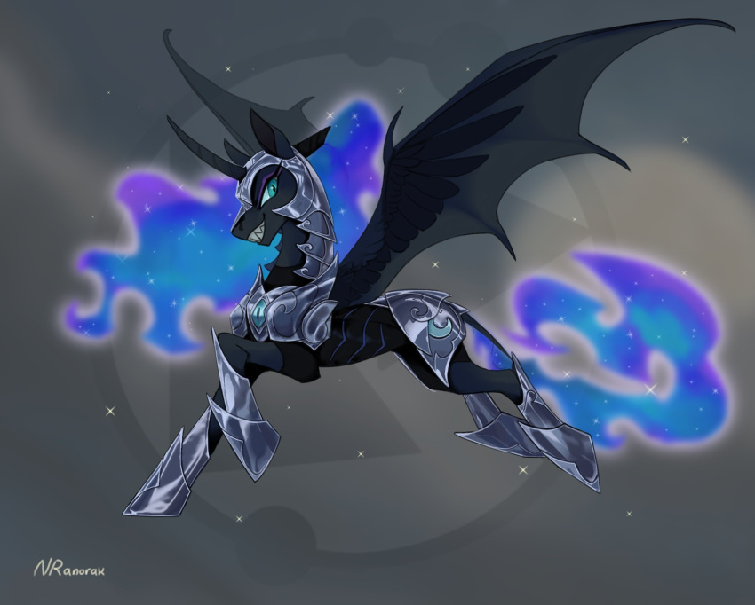 anoraknr armor blue_eyes equid equine ethereal_hair ethereal_tail female friendship_is_magic hasbro headgear helmet hi_res horn mammal membrane_(anatomy) membranous_wings my_little_pony nightmare_moon_(mlp) pupils sharp_teeth slit_pupils smile solo sparkles teeth winged_unicorn wings