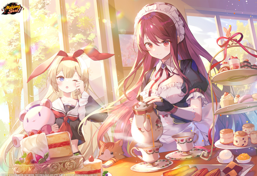 2girls animal_ears apron blonde_hair blue_eyes blush breasts cake cat company_name cookie copyright cropped_shirt cup cupcake detached_collar fake_animal_ears fingerless_gloves food frills fruit gloves hair_between_eyes highres holding holding_stuffed_toy ibara_riato indoors kujou_riu light_particles long_hair macaron mahjong_soul maid maid_apron maid_headdress medium_breasts mikami_chiori multiple_girls neck_ribbon neckerchief official_art one_eye_closed open_mouth plate pouring puffy_short_sleeves puffy_sleeves red_eyes red_hair red_neckerchief red_ribbon ribbon rubbing_eyes sailor_collar school_uniform serafuku short_sleeves smile strawberry stuffed_animal stuffed_toy tea teacup teapot teddy_bear underbust very_long_hair wing_collar