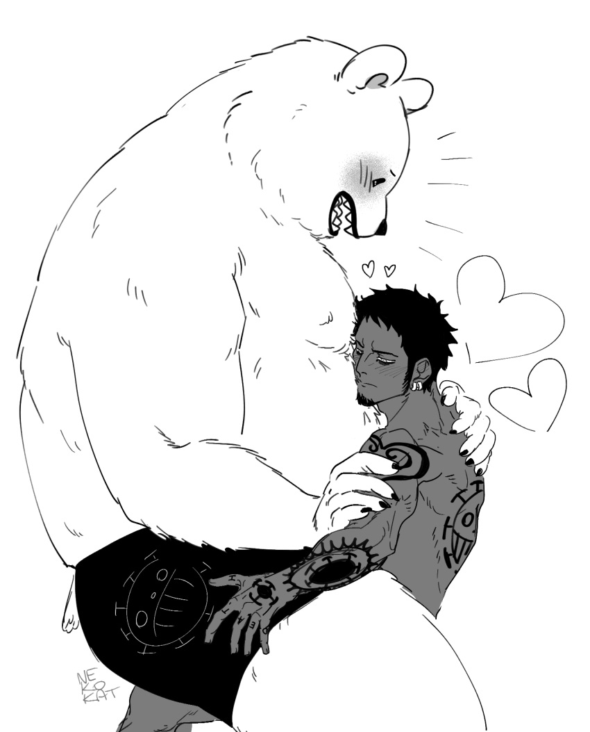 &lt;3 2023 anthro bear belly bepo_(one_piece) blush clothing duo hi_res human human_on_anthro interspecies male mammal minkmen_(one_piece) moobs nekokat42 one_piece overweight overweight_male polar_bear simple_background sitting tattoo trafalgar_law underwear ursine white_background