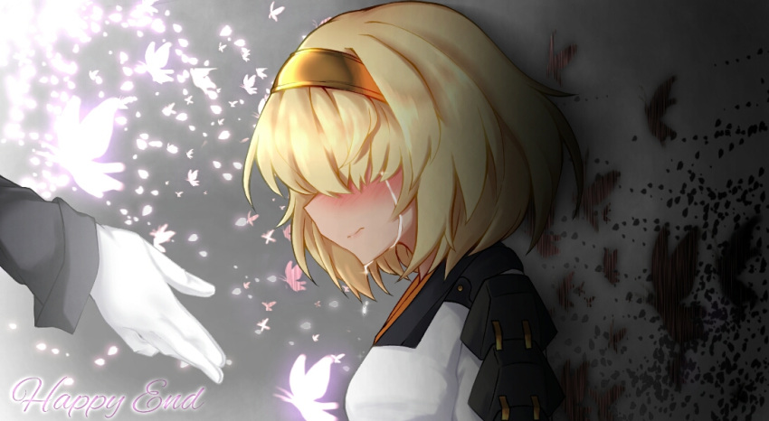 1boy 1girl apron armor beckoning black_butterfly blonde_hair blush bug butterfly chatan_nakiri_(tenka_hyakken) closed_mouth commentary crying english_text from_side gloves glowing_butterfly hairband kappougi long_sleeves mikanbako320 no_eyes short_hair shoulder_armor streaming_tears tears tenka_hyakken upper_body white_gloves