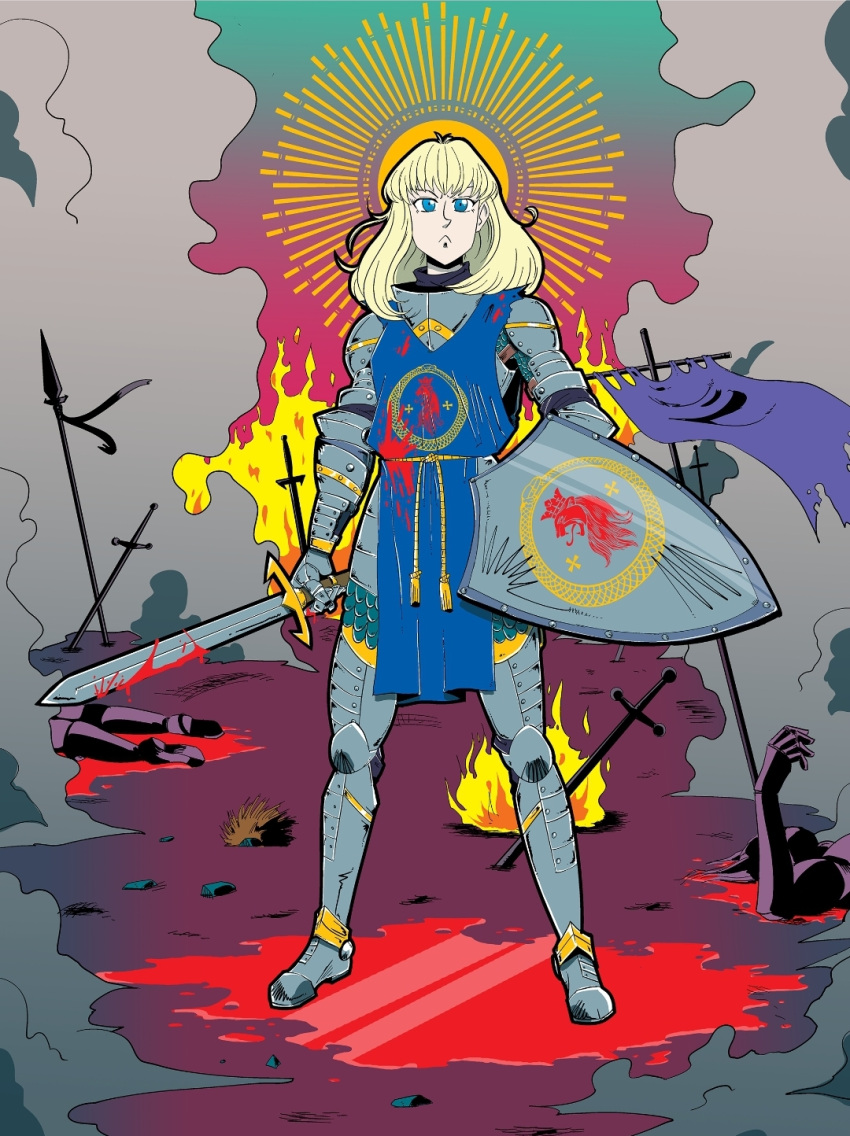 1girl :&lt; armor battlefield blonde_hair blood blood_on_clothes blood_on_weapon blue_eyes blue_tabard closed_mouth coat_of_arms drawfag fire full_armor full_body gauntlets halo highres holding holding_shield holding_sword holding_weapon knight looking_at_viewer original plate_armor sabaton serious shield smoke solo standing sword tabard weapon yellow_halo