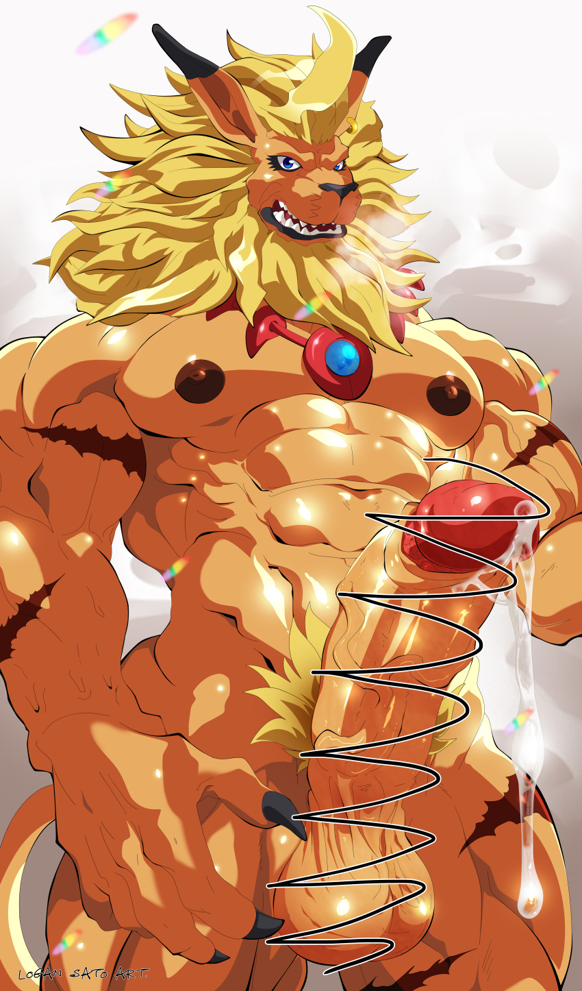 absurd_res bandai_namco blonde_hair blue_eyes bodily_fluids censored cum digimon digimon_(species) erection genital_fluids genitals hair hi_res humanoid_genitalia humanoid_penis jewelry leomon logan_sato male mane muscular nipples penis pubes scar solo vein veiny_penis