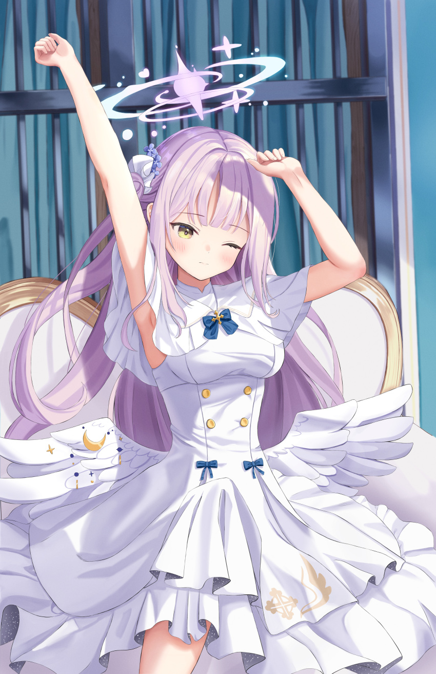1girl absurdres angel_wings arm_up armpits blue_archive blunt_bangs capelet commentary_request couch curtains dress feathered_wings flower frilled_dress frills hair_bun hair_flower hair_ornament hair_scrunchie halo head_tilt highres indoors iron_bars kesa_pasa long_hair looking_at_viewer mika_(blue_archive) on_couch one_eye_closed one_side_up pink_hair prison_cell school_uniform scrunchie sidelocks single_side_bun sitting sleeveless sleeveless_dress solo stretching turtleneck_dress white_capelet white_dress white_wings wings yellow_eyes