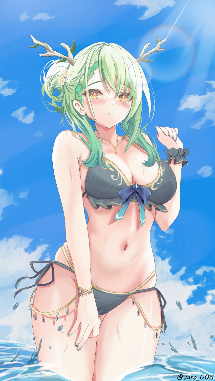 1girl absurdres ass_visible_through_thighs asymmetrical_bangs bikini blue_sky blush braid branch breasts ceres_fauna cleavage collarbone english_commentary flower furrowed_brow green_hair hair_flower hair_ornament hair_rings hand_up highres hololive hololive_english horns in_water jewelry large_breasts leaf legs_together lens_flare looking_at_viewer medium_hair navel necklace ocean outdoors ribbon shallow_water shy sky splashing standing string_bikini sunlight swimsuit thighs twitter_username varo_006 virtual_youtuber wading water wavy_hair wet wristband yellow_eyes