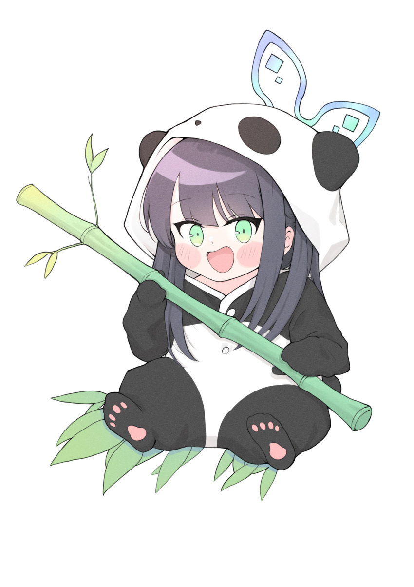 1girl :d animal_costume bamboo black_hair blue_archive blunt_bangs commentary_request green_eyes halo highres holding long_hair long_sleeves looking_at_viewer panda_costume shun_(blue_archive) shun_(small)_(blue_archive) sidelocks simple_background sitting sleepwear smile solo twintails white_background yosik