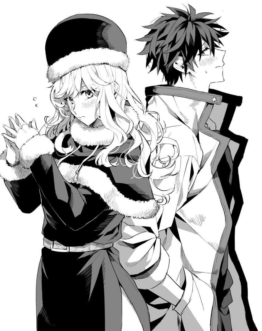 1boy 1girl blush coat fairy_tail flying_sweatdrops funa2001 fur-trimmed_coat fur-trimmed_headwear fur_trim gray_fullbuster greyscale hand_in_pocket hands_up highres juvia_lockser long_hair long_sleeves monochrome own_hands_together short_hair sideways_glance simple_background white_background