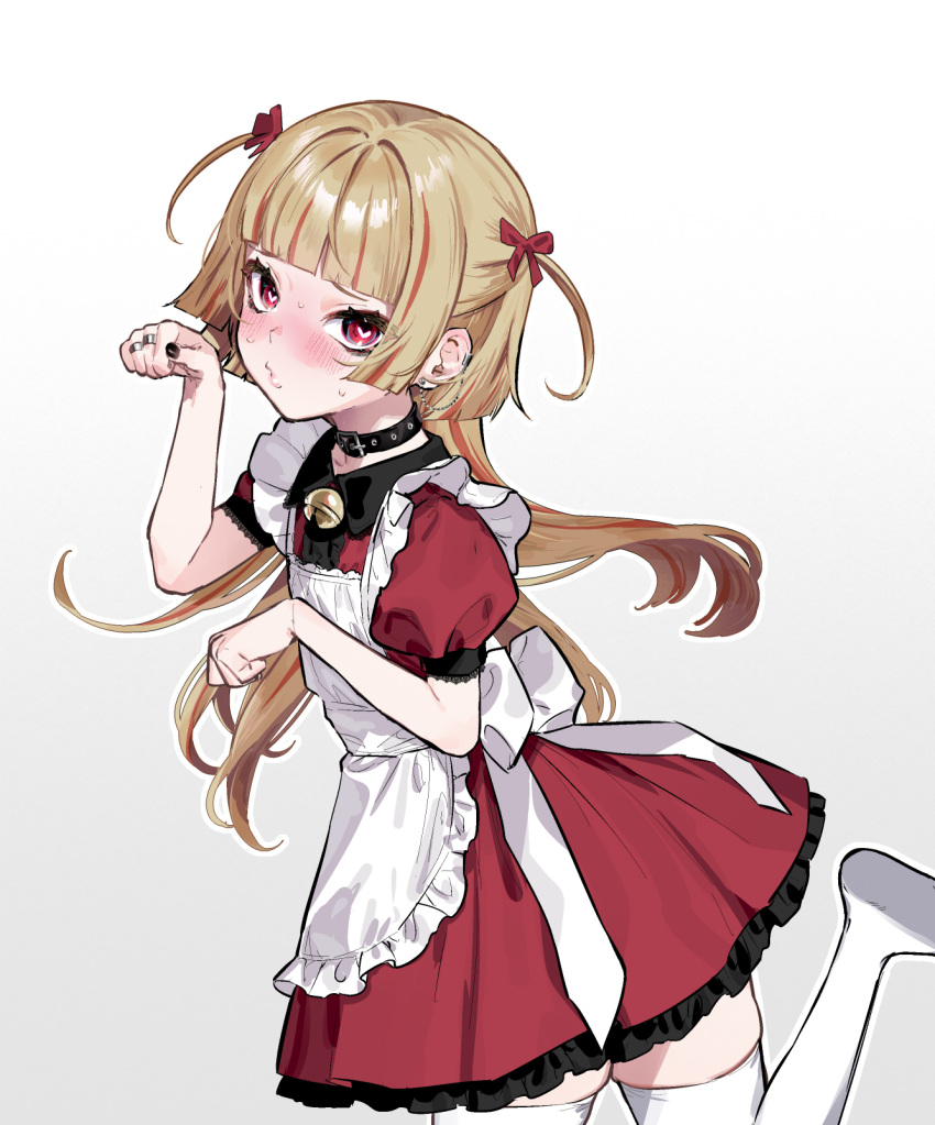 1girl apron back_bow bell black_collar black_nails black_trim blonde_hair blunt_bangs blush bow buttons collar cowboy_shot dress ear_chain flat_chest frilled_apron frilled_dress frills hair_ribbon heart heart-shaped_pupils highres jewelry long_hair looking_at_viewer maid_apron multicolored_hair neck_bell nikubou_maranoshin original paw_pose pout puffy_short_sleeves puffy_sleeves red_dress red_eyes red_hair ribbon ring short_sleeves sidelocks simple_background skindentation solo standing standing_on_one_leg streaked_hair sweat symbol-shaped_pupils thighhighs two-tone_hair waist_bow white_apron white_background white_bow white_thighhighs zettai_ryouiki