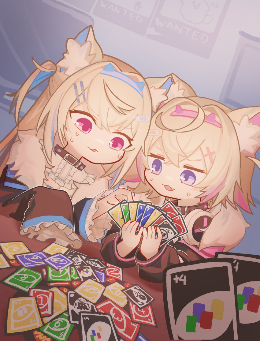 2girls absurdres animal_ears belt_collar blonde_hair blue_hair card collar commentary crystal_horn dog_ears dog_girl english_commentary english_text fang flat_screen_tv fur-trimmed_jacket fur_trim fuwawa_abyssgard headband highres hololive hololive_english jacket meme mococo_abyssgard multicolored_hair multiple_girls nanachides parody pink_brooch pink_eyes pink_hair pink_headband poster_(object) purple_eyes siblings sisters skin_fang sleeves_past_wrists streaked_hair sweatdrop table television twins uno_(game) virtual_youtuber wanted you're_doing_it_wrong