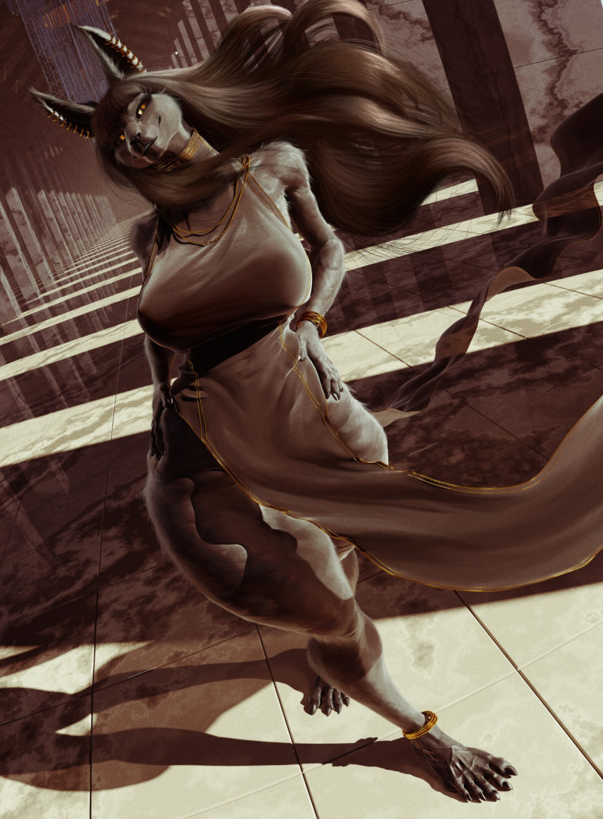 5_toes anklet anthro bare_shoulders barefoot bast big_breasts black_claws black_nose black_sclera bracelet breasts brown_clothing brown_hair clawed_fingers claws clothed clothing curvy_figure deity detailed detailed_background detailed_fur digital_media_(artwork) dress ear_piercing ear_ring egyptian_mythology eyelashes feet felid female floor flowing_hair front_view full-length_portrait fur gold_(metal) grey_body grey_fur hair hands_on_hips head_tilt hi_res huge_breasts huge_thighs jewelry light lighting looking_at_viewer mammal middle_eastern_mythology mythology neck_ring necklace nipple_outline piercing portrait reflective_floor ring_piercing seductive shadow skimpy skimpy_dress smile solo standing stone_floor thick_thighs tight_clothing tile tile_floor toe_claws toes vein vellonich voluptuous wide_hips wind yellow_eyes