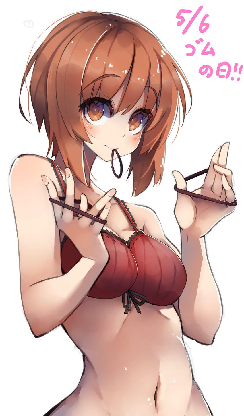 1girl absurdres bra breasts brown_eyes brown_hair closed_mouth commentary frilled_bra frills girls_und_panzer hair_tie highres holding_hair_tie light_blush looking_at_viewer medium_breasts navel nishizumi_miho red_bra rubber_day sattinittas short_hair simple_background smile solo standing translated underwear underwear_only upper_body white_background