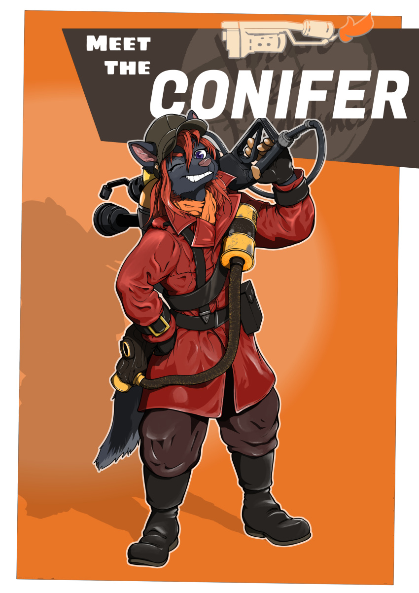 absurd_res anthro boots canid canine canis clothing coat conifer_(smolconifer) flamethrower footwear fur gas_mask gloves grey_body grey_fur hair handwear hat headgear headwear hi_res liamdukes male mammal mask one_eye_closed purple_eyes pyro_(team_fortress_2) ranged_weapon red_hair scarf simple_background smile smirk solo team_fortress_2 topwear trenchcoat valve weapon weapon_on_shoulder weapon_over_shoulder wink wolf