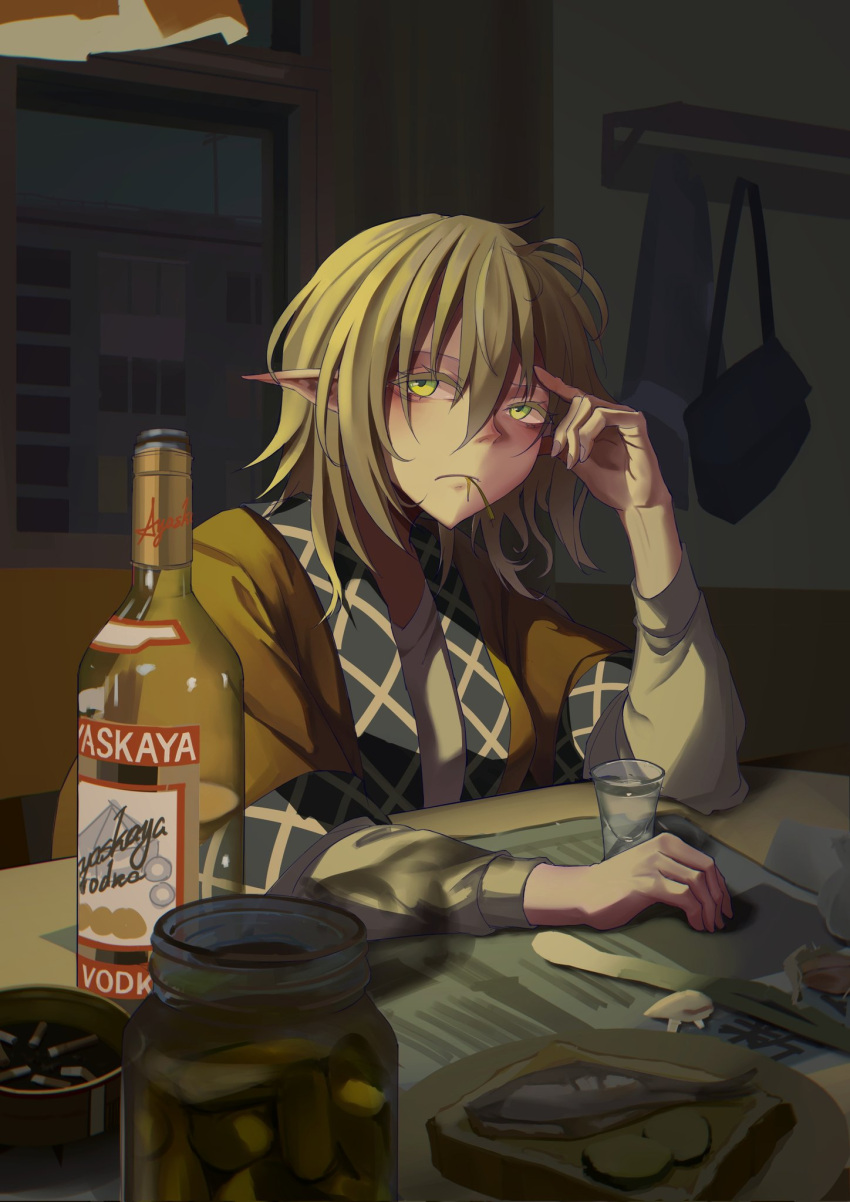 1girl alcohol ashtray blonde_hair bread bread_slice brown_jacket cigarette cup drinking_glass fish food green_eyes highres jacket jar kto_znaet looking_at_viewer mizuhashi_parsee pickle sad shirt shot_glass solo touhou vodka white_shirt