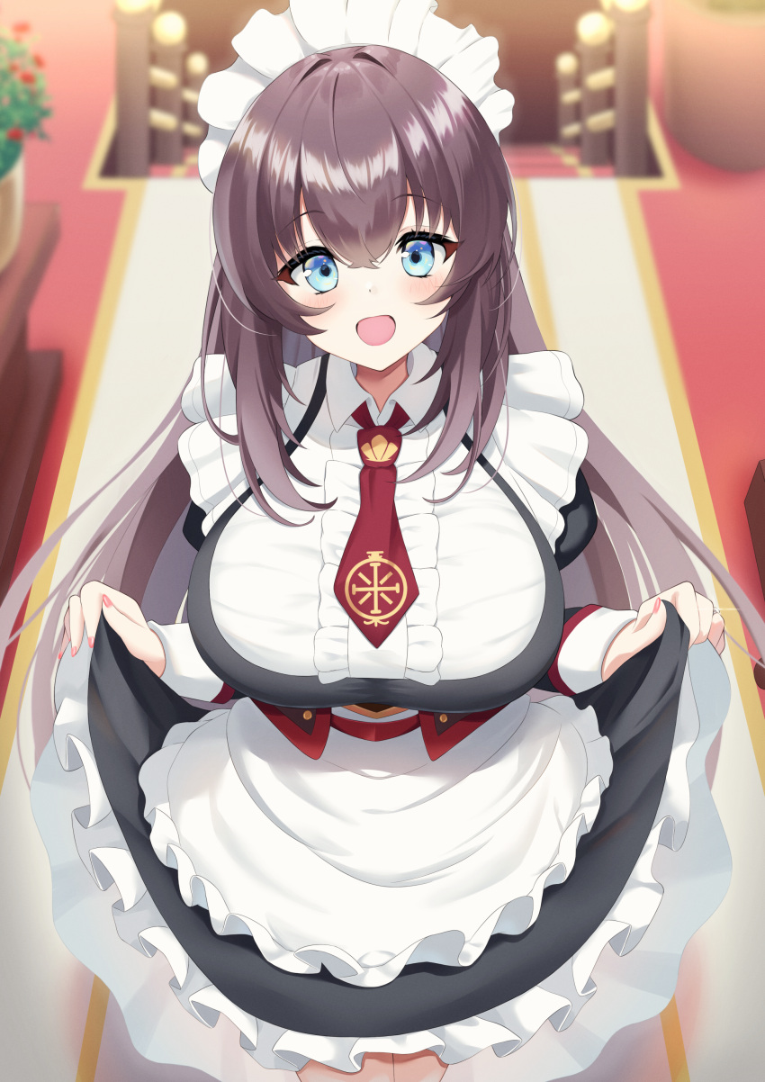 1girl absurdres apron azur_lane black_dress blue_eyes blurry blurry_background breasts brown_hair center_frills commission curacoa_(azur_lane) curtsey dress elegant_(sumisumi4268) frilled_apron frilled_dress frilled_shirt frills highres jewelry large_breasts maid maid_headdress necktie open_mouth pinafore_dress pink_nails pixiv_commission red_necktie ring shirt sleeveless sleeveless_dress solo stairs white_apron