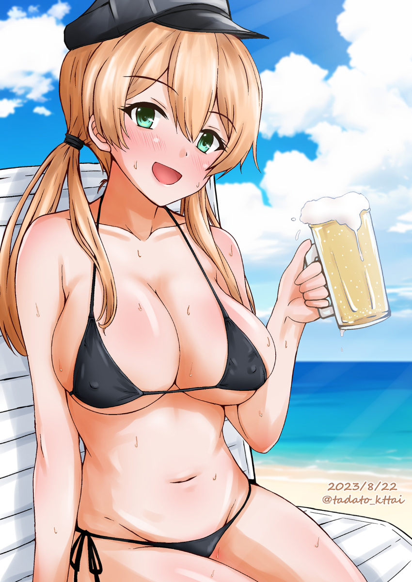 1girl alcohol beach beer beer_mug bench bikini black_bikini blonde_hair blue_sky breasts cleavage cloud cup dated day green_eyes grey_headwear hat highres kamiya_tadato kantai_collection large_breasts long_hair looking_at_viewer mug navel one-hour_drawing_challenge outdoors peaked_cap prinz_eugen_(kancolle) side-tie_bikini_bottom sky smile solo swimsuit twintails twitter_username