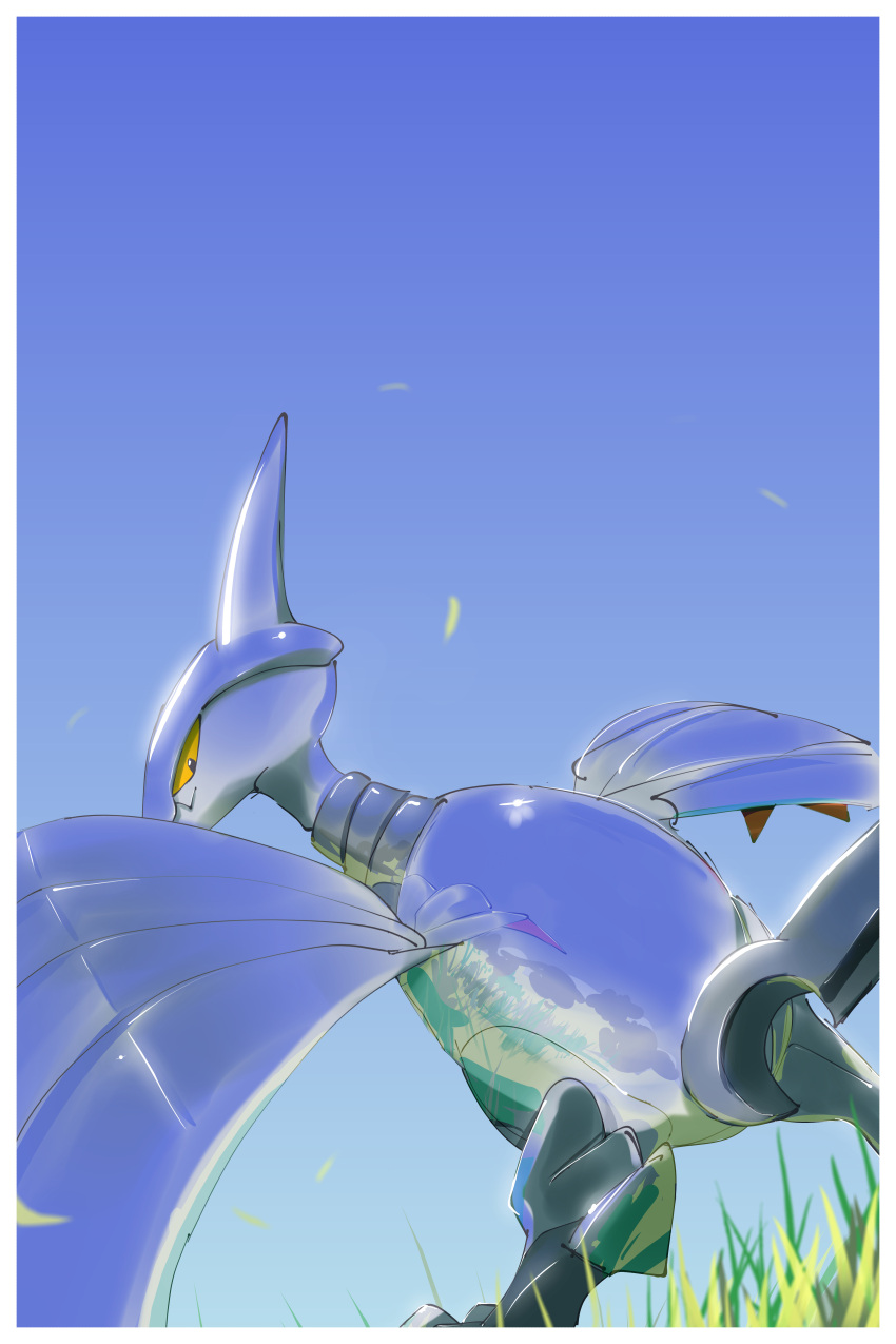 absurdres bird blue_sky day grass highres krita_(medium) no_humans notaventura outdoors pokemon pokemon_(creature) reflection skarmory sky yellow_eyes