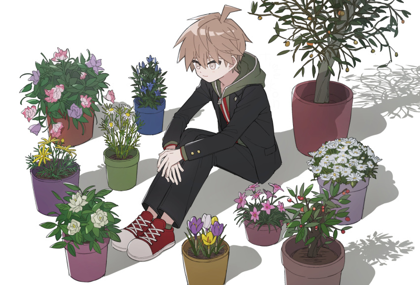 1boy black_jacket black_pants brown_hair cheeseko danganronpa:_trigger_happy_havoc danganronpa_(series) flower full_body green_hoodie grey_eyes hood hoodie jacket knees_up long_sleeves male_focus naegi_makoto open_clothes open_jacket pants pink_flower plant potted_plant red_footwear shoes short_hair simple_background sitting solo white_background white_flower white_footwear yellow_flower