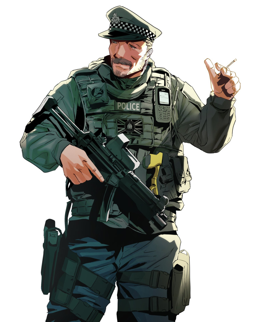 1boy beard_stubble english_text facial_hair grey_jacket grey_pants gun h&amp;k_mp5 highres holster jacket maxturbo69 metropolitan_police_service mustache optical_sight original pants police police_uniform policeman smile solo submachine_gun taser thigh_holster trigger_discipline uniform union_jack weapon white_background