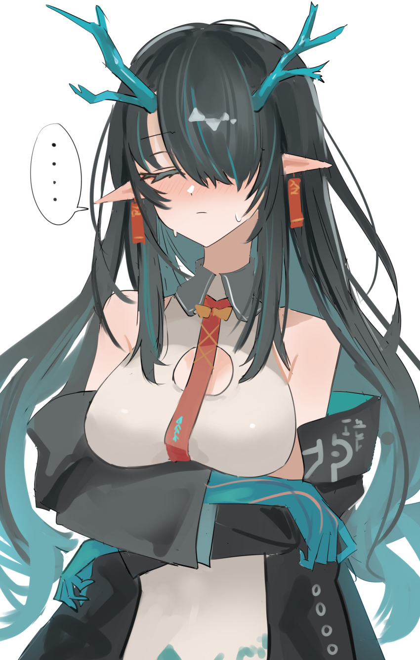 ... 1girl arknights bare_shoulders black_hair black_jacket blue_hair blue_skin breasts closed_eyes closed_mouth colored_skin crossed_arms dragon_horns dress dusk_(arknights) earrings facing_viewer hair_over_one_eye highres horns jacket jewelry large_breasts long_hair long_sleeves multicolored_hair necktie open_clothes open_jacket pointy_ears red_necktie shino_duka simple_background solo speech_bubble spoken_ellipsis streaked_hair two-tone_hair upper_body very_long_hair white_background white_dress