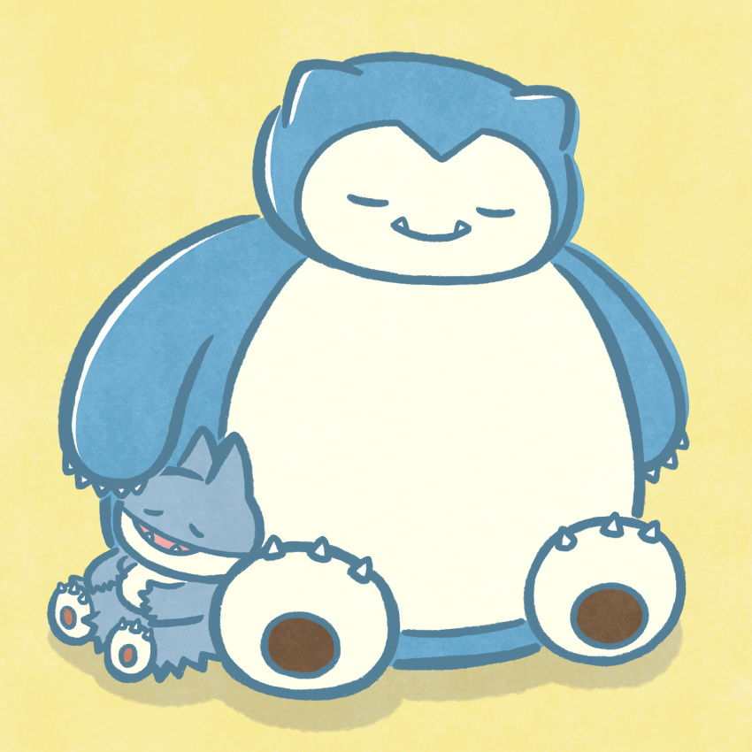 closed_eyes closed_mouth commentary_request evolutionary_line highres momo_irone munchlax no_humans official_art open_mouth pokemon pokemon_(creature) simple_background sitting sleeping smile snorlax yellow_background