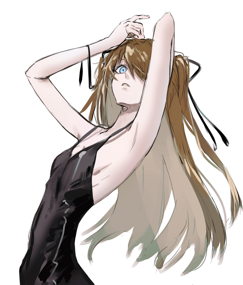 1girl absurdres armpits arms_up black_dress black_ribbon blue_eyes breasts dress from_side gawako hair_ribbon highres leaning_back long_hair looking_at_viewer neon_genesis_evangelion parted_lips ribbon sketch sleeveless sleeveless_dress small_breasts solo souryuu_asuka_langley two_side_up upper_body very_long_hair white_background