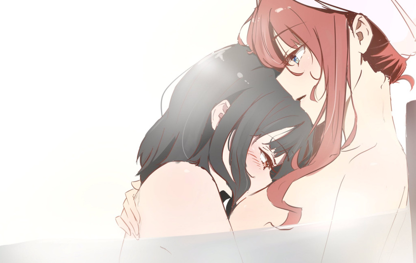 2girls bath bathing black_hair blue_eyes blush breasts commentary_request hand_on_another's_back highres hug ilia_coral kissing_breast lainie_cyan large_breasts long_hair multiple_girls nude partially_submerged red_eyes red_hair simple_background tensei_oujo_to_tensai_reijou_no_mahou_kakumei upper_body user_ctzu3228 white_background yuri