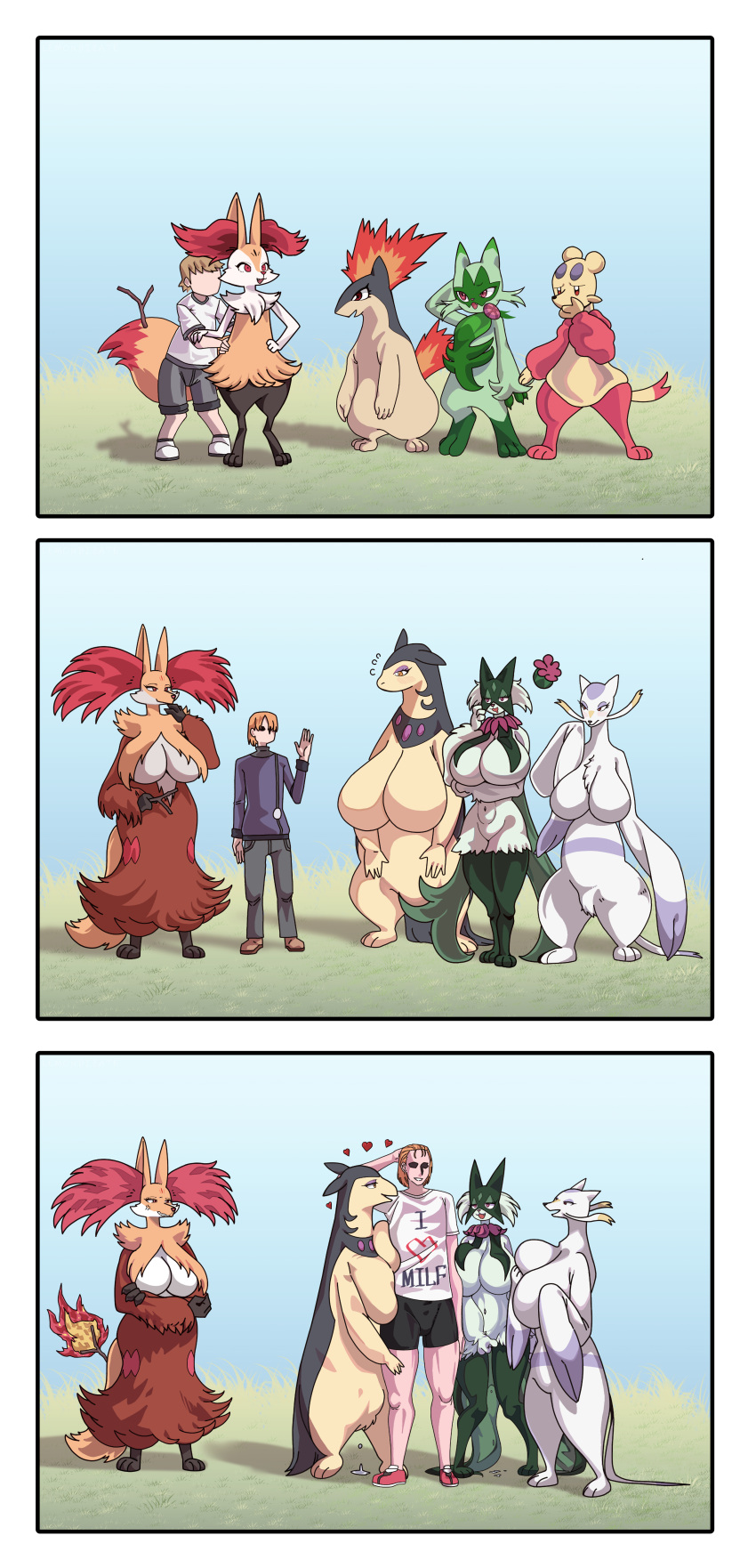 3koma absurd_res age_progression big_breasts biped bodily_fluids braixen breasts delphox dripping floragato generation_2_pokemon generation_5_pokemon generation_6_pokemon generation_9_pokemon genital_fluids harem hi_res hisuian_form hisuian_typhlosion huge_breasts human interspecies lemonbizate_(artist) looking_pleasured mammal meowscarada mienfoo mienshao nintendo pokemon pokemon_(species) pussy_juice pussy_juice_drip quilava regional_form_(pokemon) scared size_difference typhlosion worried young