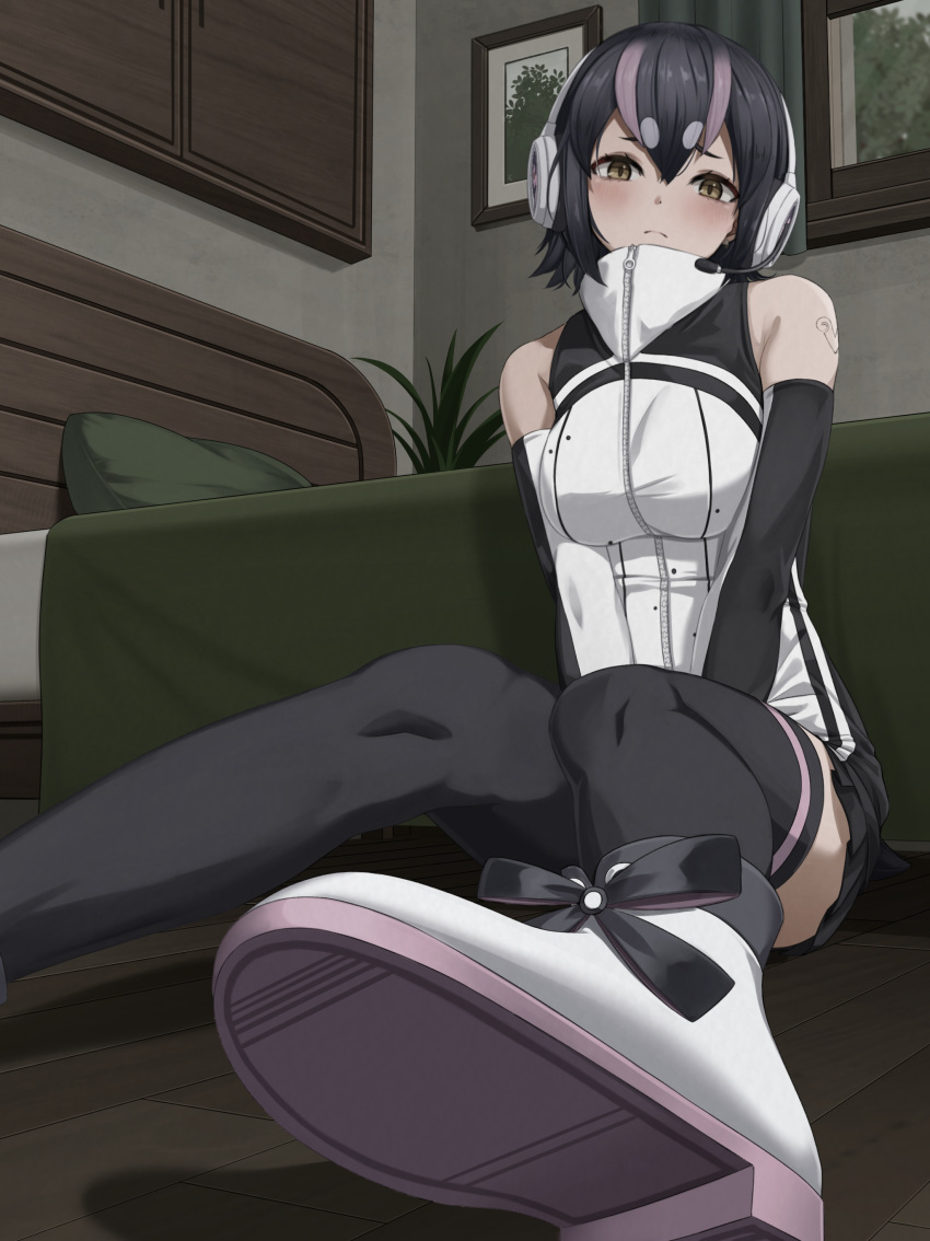 1girl absurdres bare_shoulders bed black_hair black_skirt black_thighhighs breasts commentary_request deku_suke elbow_gloves foreshortening frown gloves hair_between_eyes headset highres humboldt_penguin_(kemono_friends) indoors kemono_friends kemono_friends_v_project large_breasts light_blush looking_at_viewer miniskirt multicolored_hair pillow pleated_skirt shoe_soles short_hair shoulder_tattoo skirt solo tattoo thighhighs v_arms virtual_youtuber wooden_floor zettai_ryouiki