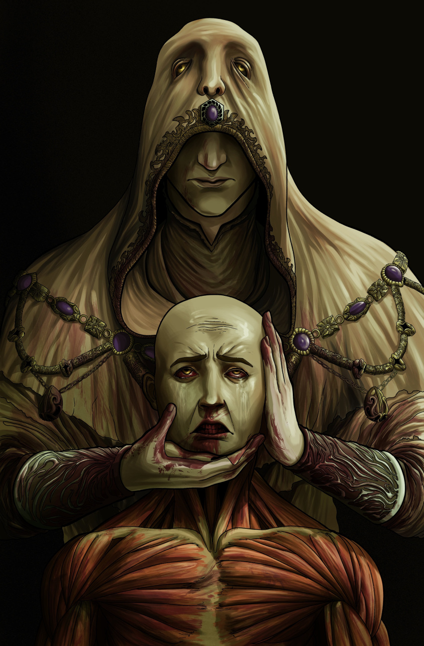 2boys absurdres bald black_background blood blood_on_face blood_on_hands borrrego colored_sclera elden_ring gem godskin_apostle highres holding holding_another's_head hood hood_over_eyes hood_up hooded_robe jewelry male_focus multiple_boys pale_skin purple_gemstone red_sclera robe simple_background skinned standing