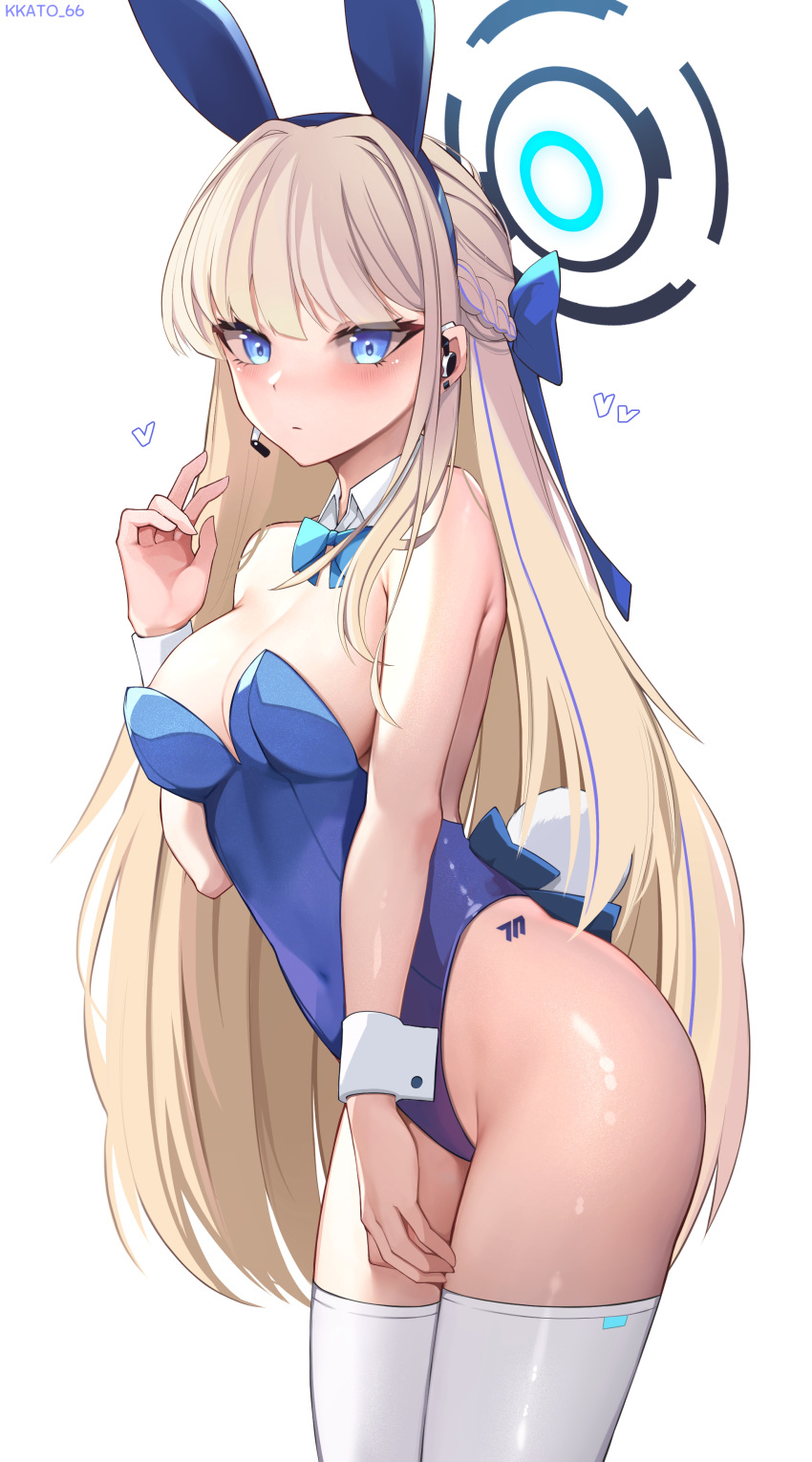 1girl absurdres animal_ears bare_shoulders blonde_hair blue_archive blue_eyes blue_leotard bow bowtie breasts detached_collar earpiece fake_animal_ears halo highres kkato leotard long_hair looking_at_viewer medium_breasts multicolored_hair official_alternate_costume playboy_bunny rabbit_ears solo strapless strapless_leotard streaked_hair thighhighs toki_(blue_archive) toki_(bunny)_(blue_archive) very_long_hair white_background white_thighhighs wrist_cuffs