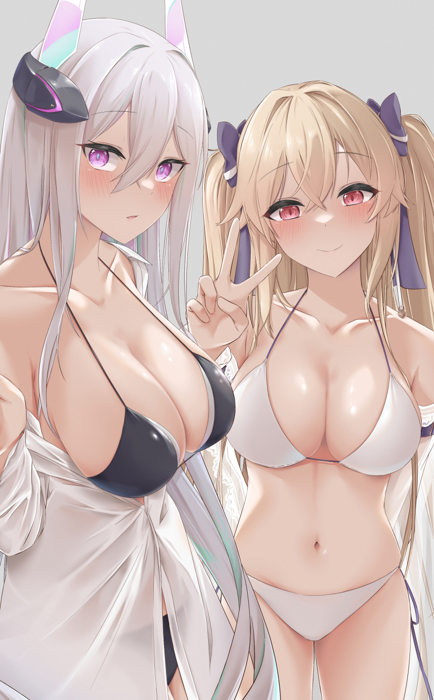 2girls absurdres anchorage_(azur_lane) anchorage_(dolphins_and_swim_lessons)_(azur_lane) azur_lane bare_shoulders bikini black_bikini blonde_hair breasts cleavage closed_mouth collarbone collared_shirt commentary grey_background hair_between_eyes hair_ribbon hand_up headgear highres kearsarge_(azur_lane) large_breasts long_hair looking_at_viewer multiple_girls navel off_shoulder partially_unbuttoned purple_eyes red_eyes ribbon see-through shirt simple_background smile stomach swimsuit twintails uniazi_mikan v white_bikini white_hair white_shirt