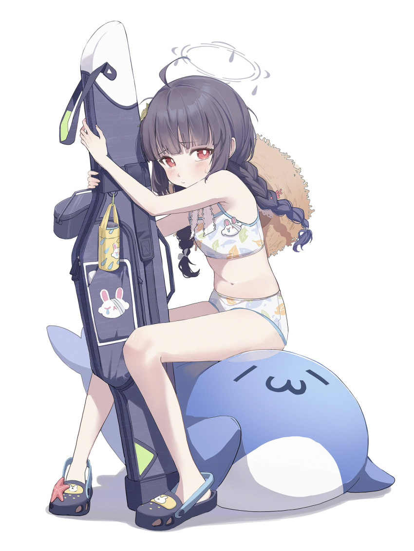 1girl ahoge bare_shoulders bikini black_footwear black_hair blue_archive blunt_bangs blush bow bowtie braid bright_pupils closed_mouth collarbone commentary crocs flat_chest frown full_body grey_halo halo hat hat_on_back headwear_removed highres inflatable_toy inflatable_whale leaf leaf_on_head leaf_print long_hair looking_at_viewer low_twin_braids midori_xu miyu_(blue_archive) miyu_(swimsuit)_(blue_archive) navel official_alternate_costume official_alternate_hairstyle red_eyes simple_background sitting sitting_on_object stomach straw_hat sweat swimsuit symbol-only_commentary twin_braids twitter_username weapon_case white_background white_bow white_bowtie white_pupils