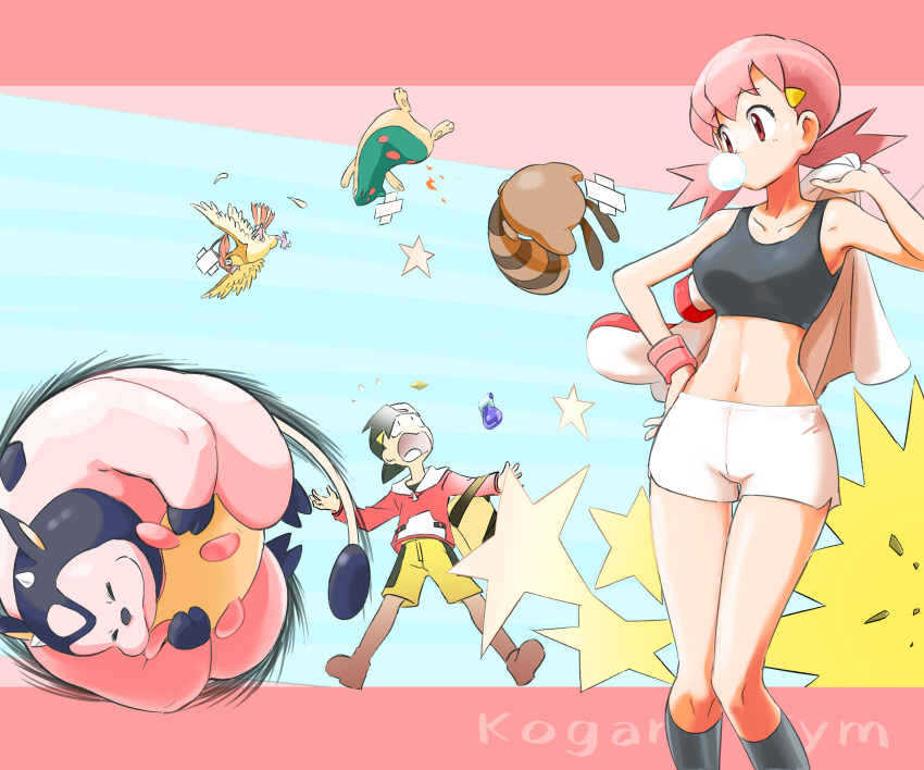 1boy 1girl absurdres animal_ears backwards_hat baseball_cap breasts chewing_gum closed_eyes collarbone cow_ears cow_horns crop_top ethan_(pokemon) feathers hat highres horns midriff miltank navel open_mouth pidgeotto pink_hair pokemon pokemon_(game) pokemon_gsc potion_(pokemon) quilava rollout_(pokemon) sentret shorts star_(symbol) u4_99384295 white_shorts whitney_(pokemon) wings wristband