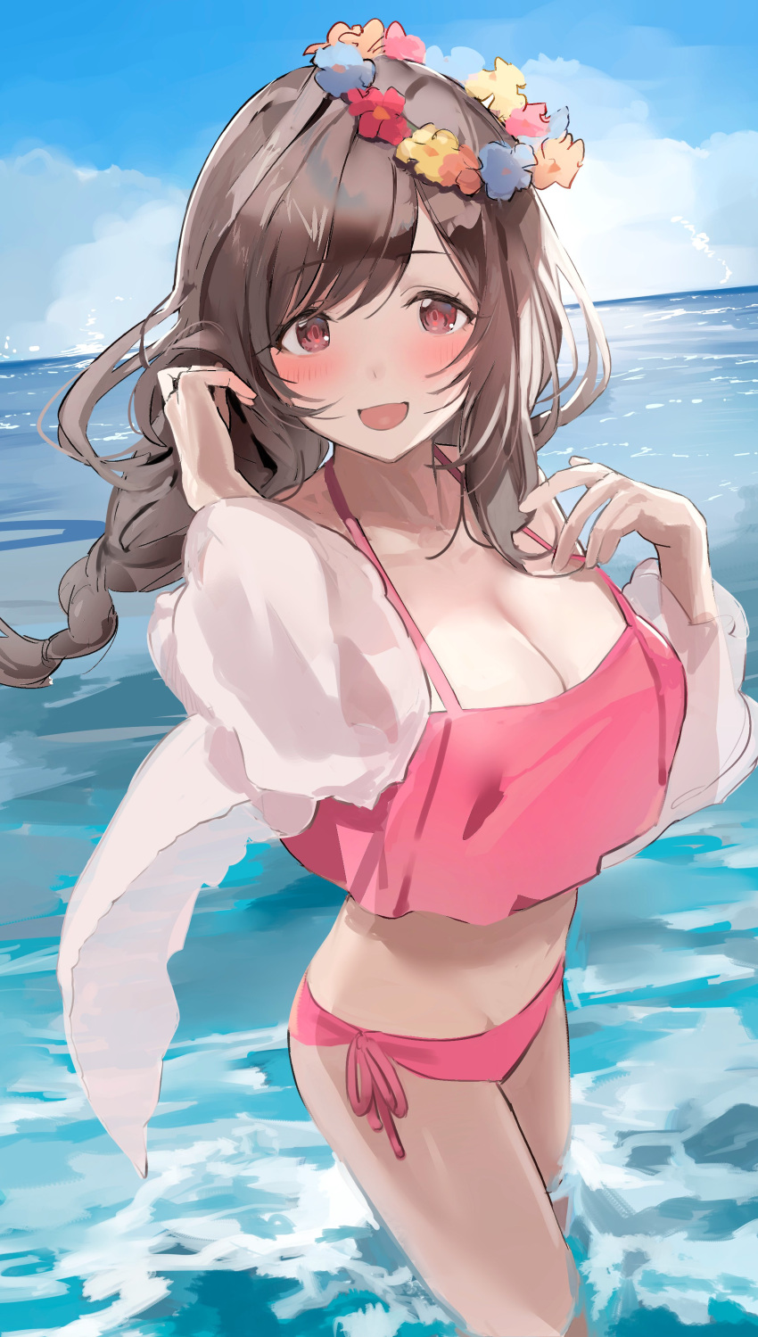 1girl absurdres bikini blush braid breasts brown_hair cleavage hair_tucking head_wreath highres horizon idolmaster idolmaster_shiny_colors large_breasts looking_at_viewer outdoors pink_bikini see-through see-through_sleeves side-tie_bikini_bottom smile solo swimsuit tsukioka_kogane uouokuma wading