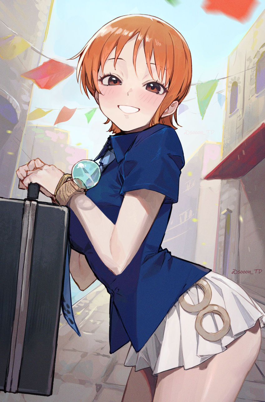 1girl absurdres artist_name bag blue_shirt blush brown_eyes grin highres holding holding_bag leaning_forward log_pose looking_at_viewer miniskirt nami_(one_piece) one_piece orange_hair outdoors shirt short_hair short_sleeves skirt smile solo sooon suitcase white_skirt