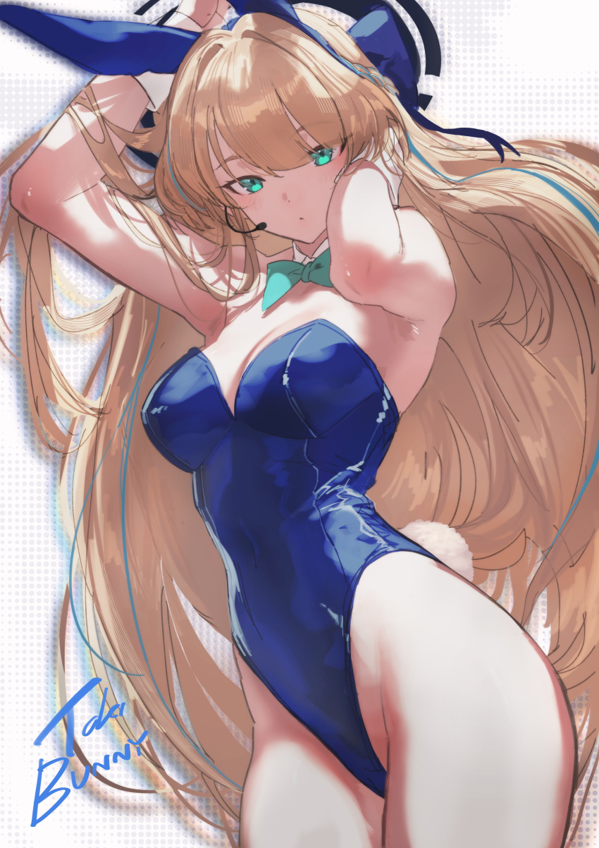 1girl absurdres animal_ears arm_up armpits bare_shoulders blonde_hair blue_archive blue_eyes blue_leotard blush breasts cleavage detached_collar earpiece fake_animal_ears fake_tail hair_ribbon highleg highleg_leotard highres leotard long_hair looking_at_viewer medium_breasts official_alternate_costume playboy_bunny rabbit_ears rabbit_tail ribbon salmon88 solo strapless strapless_leotard tail toki_(blue_archive) toki_(bunny)_(blue_archive) very_long_hair wrist_cuffs