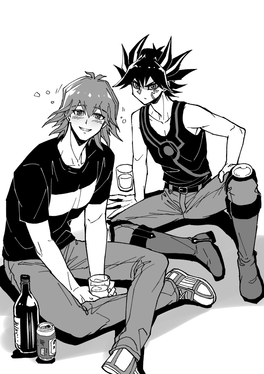 2boys absurdres alcohol angry beer belt black_hair blush boots bruno_(yu-gi-oh!) crossed_legs cup denim drunk facial_mark facial_tattoo fudou_yuusei greyscale grin hand_on_floor hand_on_own_leg highres holding holding_cup jeans knee_boots knee_pads male_focus marking_on_cheek monochrome multicolored_hair multiple_boys on_floor pants shirt shoes short_hair sitting smile sneakers spiked_hair streaked_hair t-shirt tank_top tattoo youko-shima yu-gi-oh! yu-gi-oh!_5d's