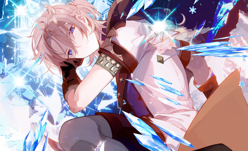 1boy absurdres albedo_(genshin_impact) armlet black_shorts blue_eyes braid brown_gloves closed_mouth genshin_impact gloves highres icicle jacket light_brown_hair looking_at_viewer male_focus ponytail shaded_face short_hair short_sleeves shorts solo sparkle upper_body white_jacket wkwk0217
