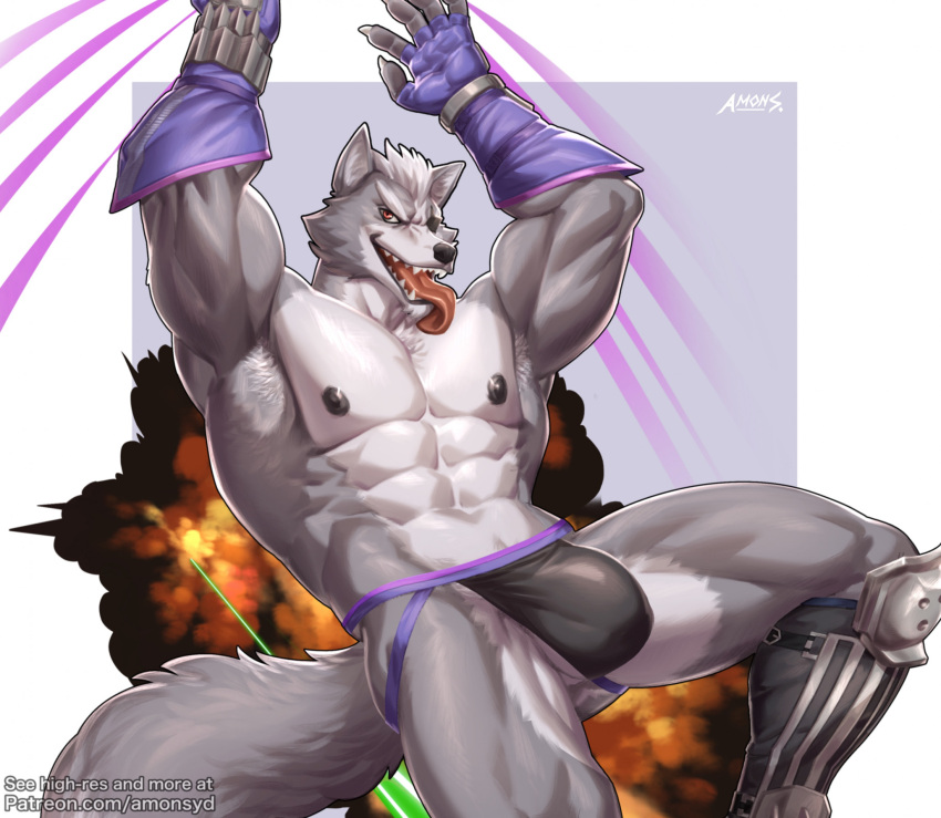 abs amon-sydonai anthro clothing fur hi_res jockstrap male muscular muscular_anthro muscular_male nintendo nipples pecs solo star_fox tail underwear wolf_o'donnell