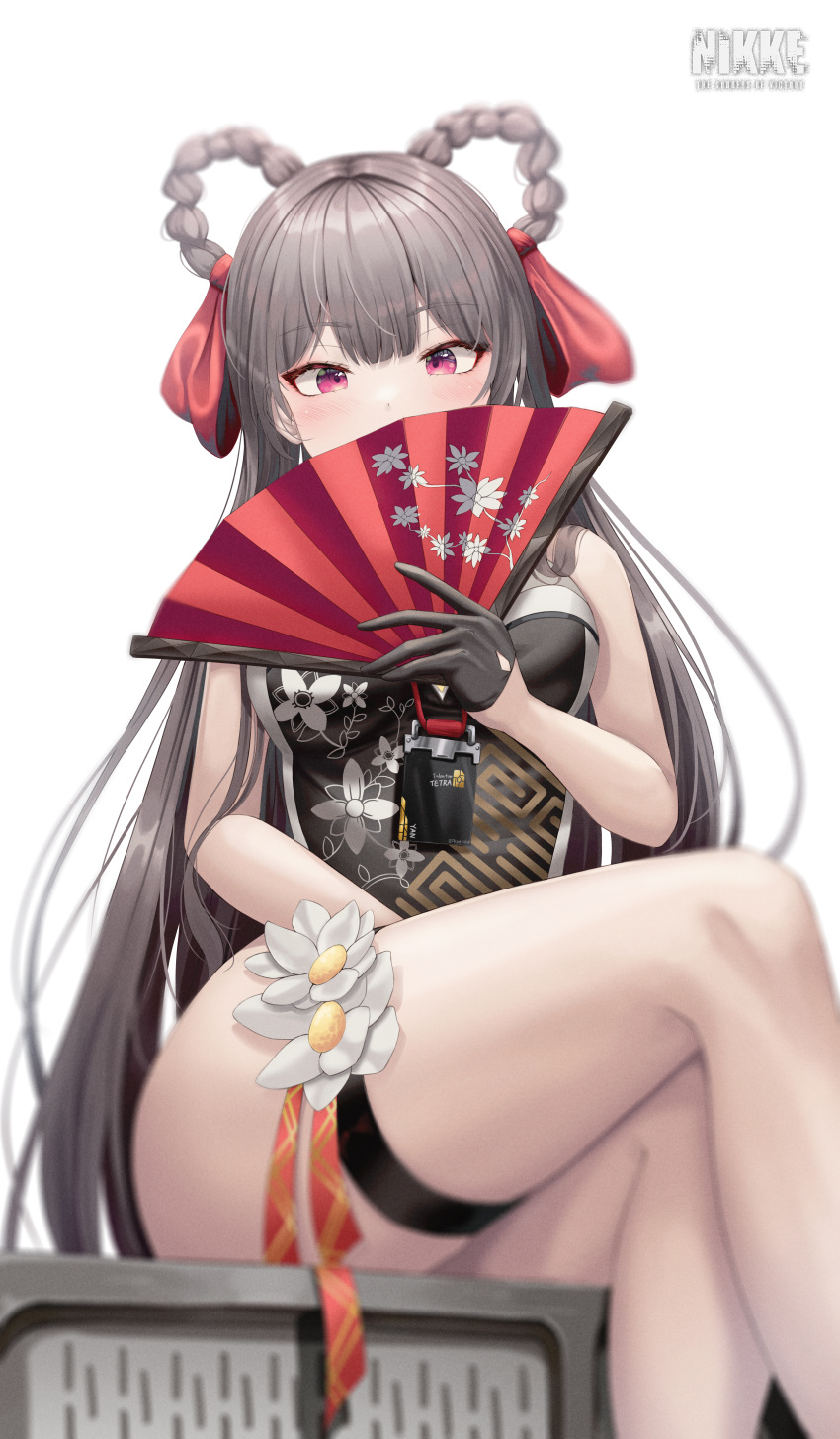 1girl absurdres bare_shoulders braid brown_hair china_dress chinese_clothes dress earrings flower gloves goddess_of_victory:_nikke grey_hair hair_ribbon hair_rings hand_fan highres holding holding_fan indoors jewelry legs long_hair no_panties red_eyes ribbon ryon_y0421 sitting solo thigh_strap thighs twin_braids very_long_hair white_flower yan_(nikke)