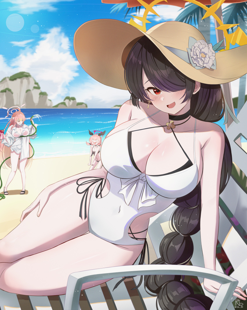 3girls absurdres beach bikini black_bikini black_choker black_hair blue_archive blue_sky braid braided_ponytail breasts choker cleavage clothing_cutout cloud cloudy_sky commentary_request criss-cross_halter cross cross_earrings dated double_bikini earrings flower gangbyeon hair_over_one_eye halo halterneck hanako_(blue_archive) hanako_(swimsuit)_(blue_archive) hand_on_own_thigh hat hat_flower highres hinata_(blue_archive) hinata_(swimsuit)_(blue_archive) holding holding_hose hose jewelry koharu_(blue_archive) koharu_(swimsuit)_(blue_archive) korean_commentary large_breasts long_braid long_hair looking_at_viewer multiple_girls ocean official_alternate_costume on_chair one-piece_swimsuit one_eye_covered open_mouth outdoors red_eyes shirt side_cutout signature sitting sky smile sun_hat swimsuit very_long_hair white_flower white_one-piece_swimsuit white_shirt yellow_halo yellow_headwear