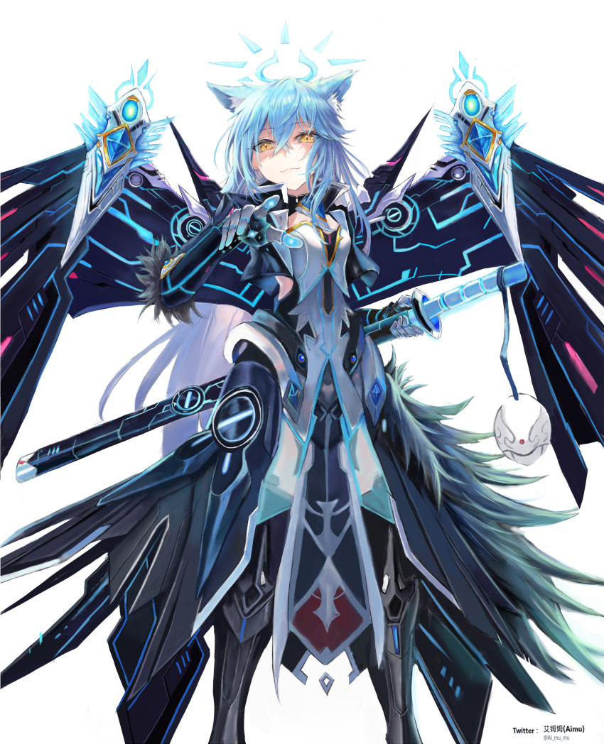 absurdres aimu_(angry9565) animal_ear_fluff animal_ears armor armored_boots armored_dress artist_name blue_hair blue_halo boots cat_ears closed_mouth code:_sariel_(elsword) code:_ultimate_(elsword) elsword energy eve_(elsword) extra_ears full_body gloves halo highres holding holding_sword holding_weapon jewelry katana kemonomimi_mode long_hair looking_at_viewer mask mechanical_gloves mechanical_wings pointing pointing_at_viewer rimuru_tempest sheath sheathed shoulder_armor smirk spikes sword tensei_shitara_slime_datta_ken twitter_username watermark weapon white_background wings yellow_eyes