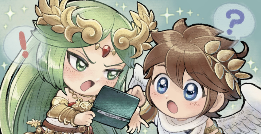 ! 1boy 1girl ? ahoge angel angel_wings armlet blue_eyes blush brown_hair chibi derivative_work forehead_jewel green_eyes green_hair handheld_game_console highres holding holding_handheld_game_console kid_icarus kid_icarus_uprising looking_at_another nintendo_3ds open_mouth palutena pit_(kid_icarus) screencap_redraw sparkle suruga_kanade twitter_username v-shaped_eyebrows wings