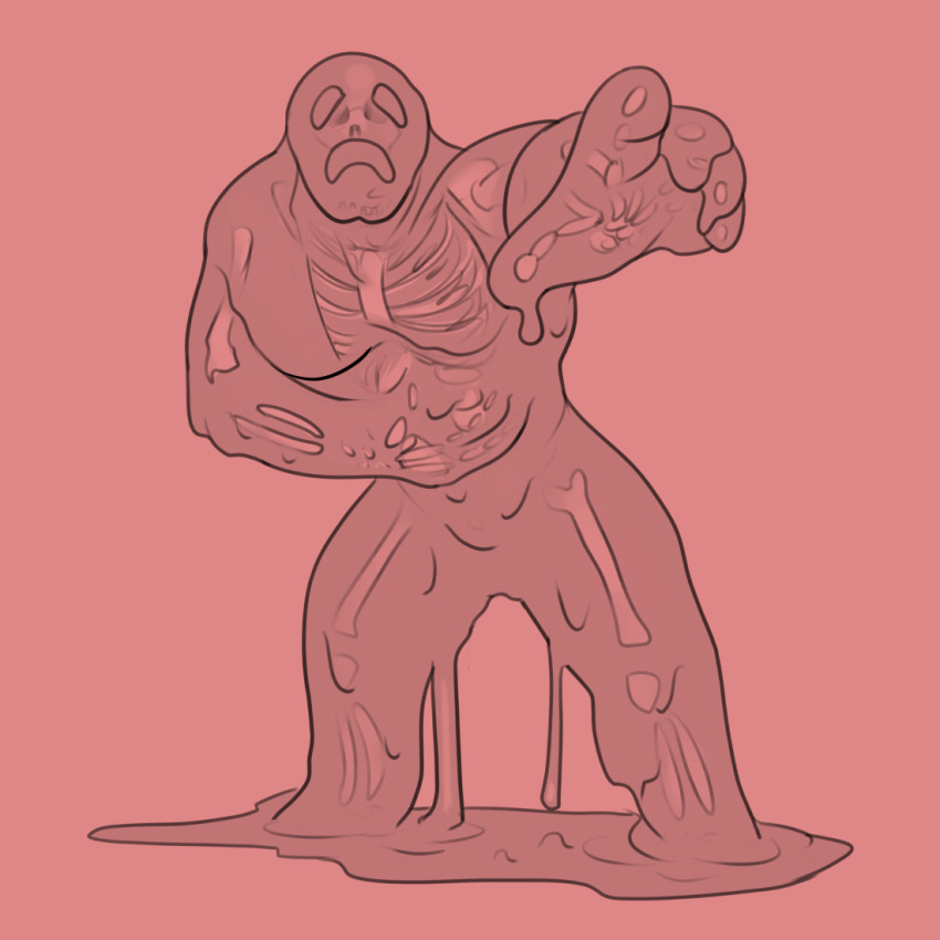 1:1 awarebear bone dripping goo_creature goo_humanoid humanoid male melting mid_transformation nude puddle reaching_out reaching_towards_viewer red_background ribs simple_background skeleton skull solo standing transformation were