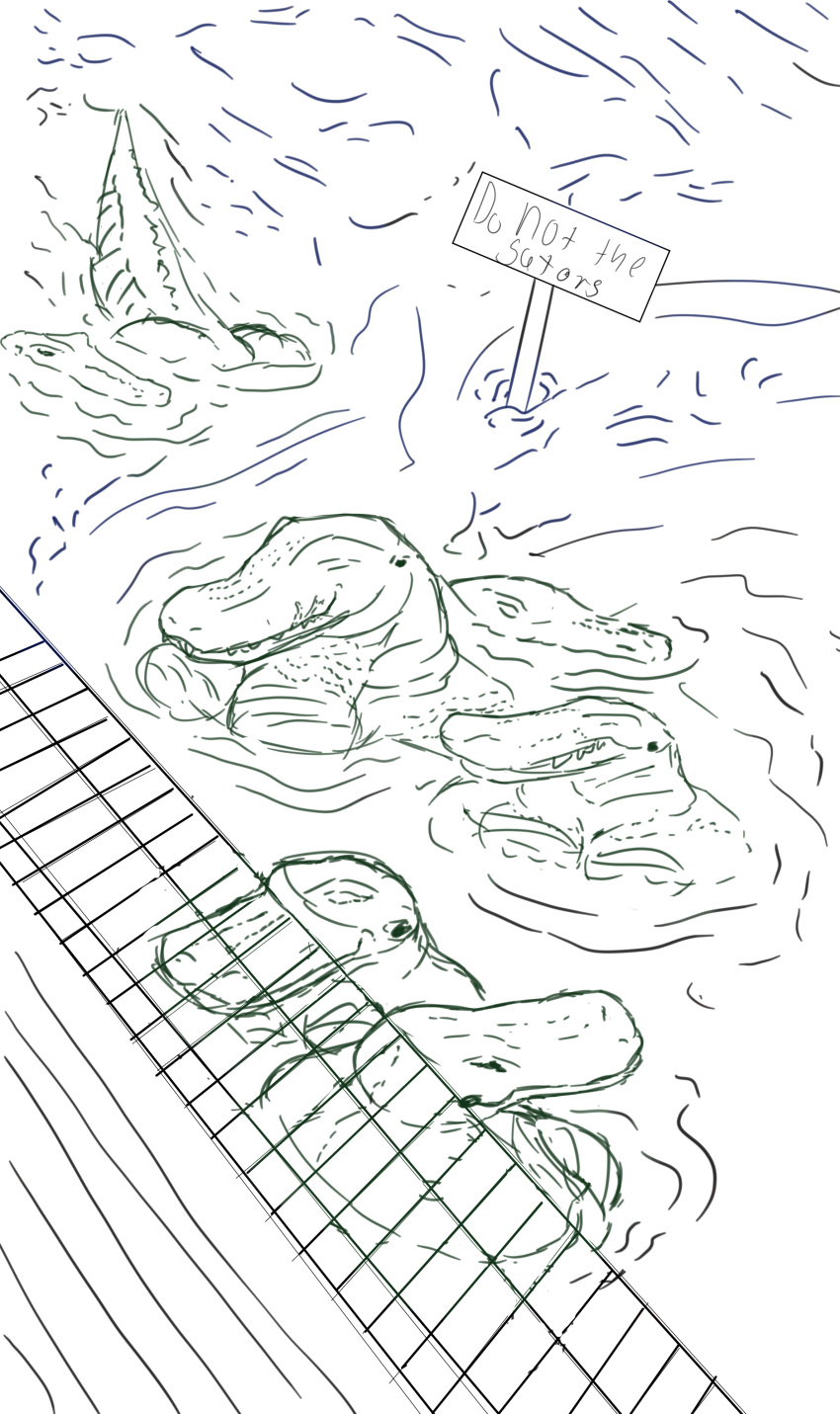 absurd_res alligator alligatorid anthro breast_size_difference breasts butt crocodilian discodemon female grate group hi_res monochrome partially_submerged reptile scalie sign sketch sketch_background tail wave