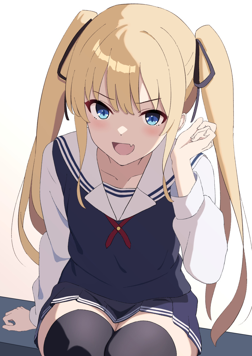 1girl absurdres black_ribbon black_skirt black_thighhighs blonde_hair blue_eyes blush collarbone fang hair_ribbon highres long_hair long_sleeves looking_at_viewer open_mouth pleated_skirt pogeepoge ribbon saenai_heroine_no_sodatekata sawamura_spencer_eriri school_uniform sidelocks simple_background skin_fang skirt smile solo thighhighs twintails white_background