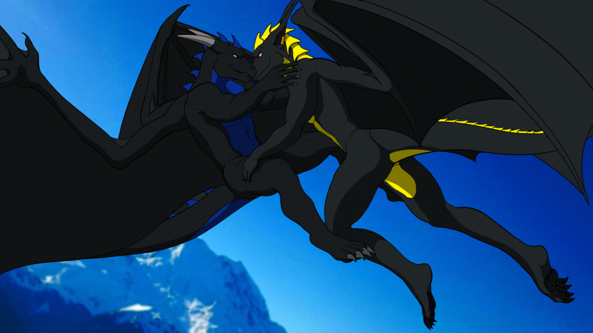 abs anthro butt claws daikai dragon duo ernesto_(rebeldragon101) evil_grin evil_look flying grin hi_res male male/male mountain nude pawpads paws pecs rebeldragon101 side_butt sky smile snow spread_legs spread_wings spreading tail teeth thick_thighs wings