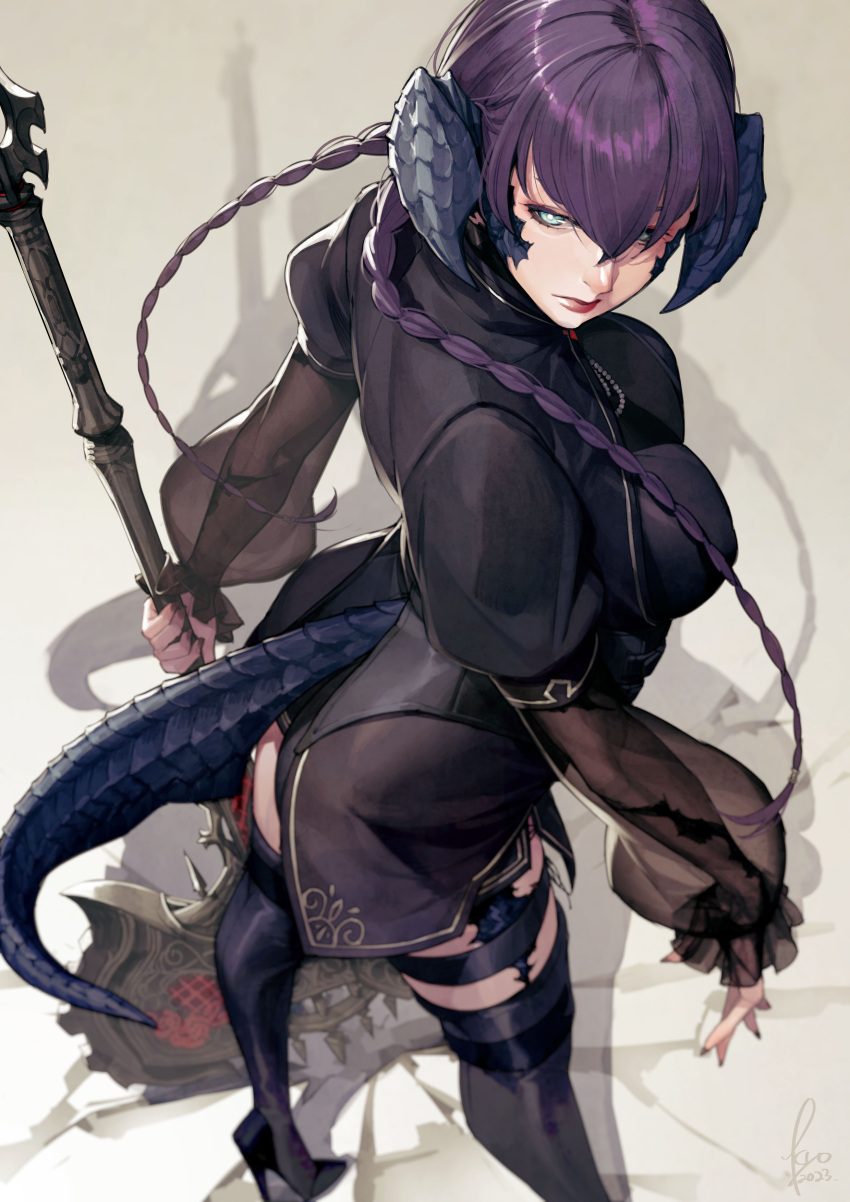 1girl absurdres au_ra black_thighhighs blue_eyes braid commentary_request dragon_horns dragon_tail final_fantasy final_fantasy_xiv from_above high_heels highres holding horns kyo_(kuroichigo) long_hair long_sleeves looking_back purple_hair scales solo tail thighhighs twin_braids warrior_of_light_(ff14)